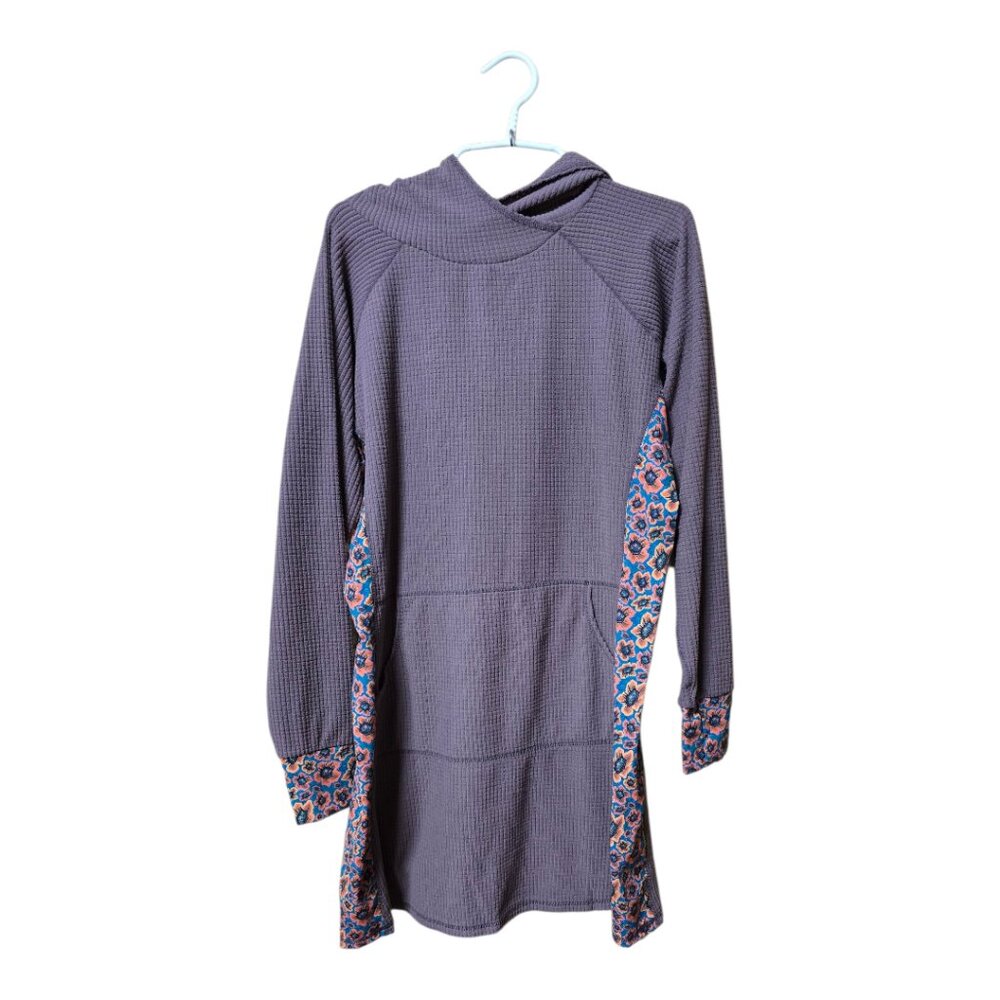 Purple Long Sleeve Hooded Tunic Dress with Printed Side Panels